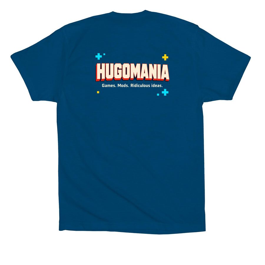 HUGOMANIA Official Tee, a Cool Blue Premium Cotton Tee (back-view)