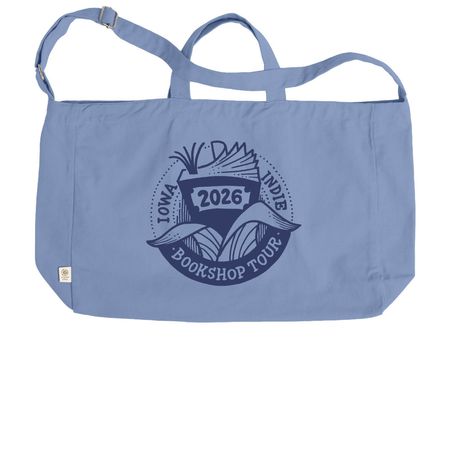 Iowa Indie Bookshop Tour '26 Bookshop Tourist, a Elemental Blue Reclaimist G2G Tote Bag (back-view)