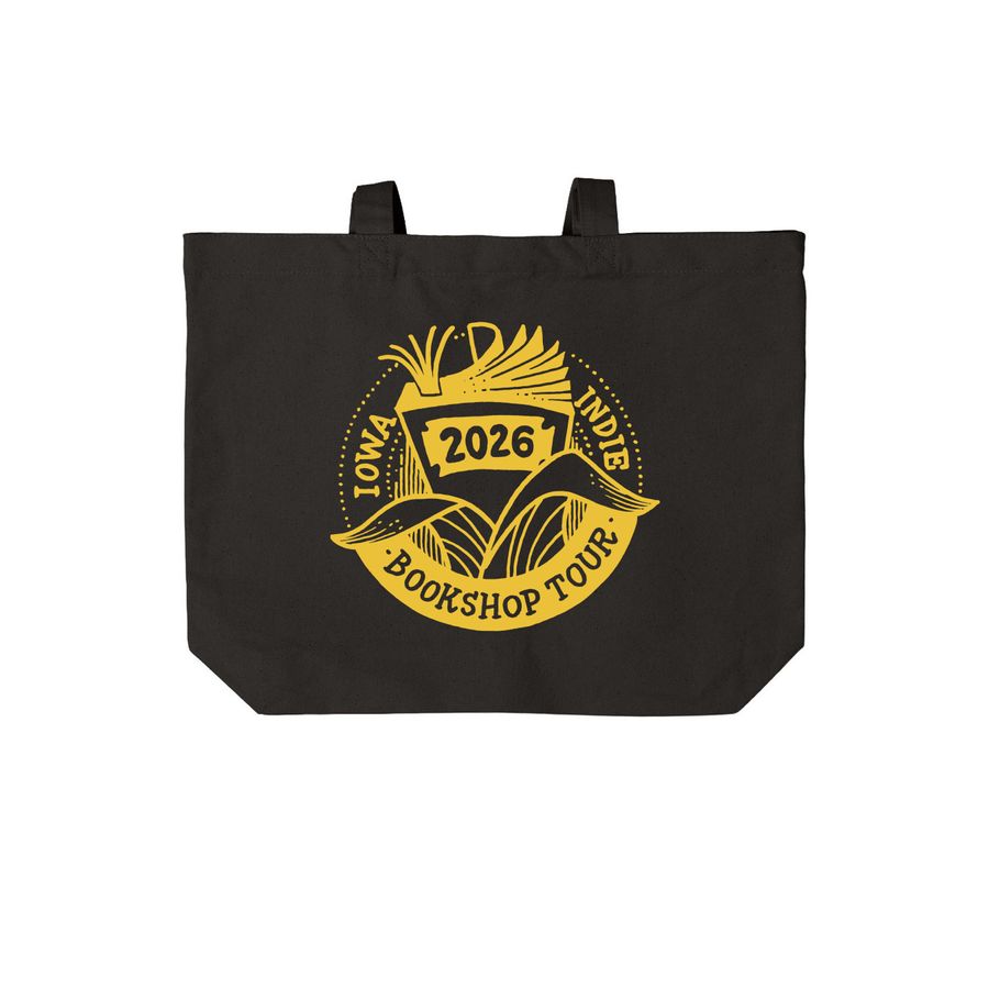 Iowa Indie Bookshop Tour '26 Yellow Stamp, a Deep Black Cotton Canvas Tote Bag