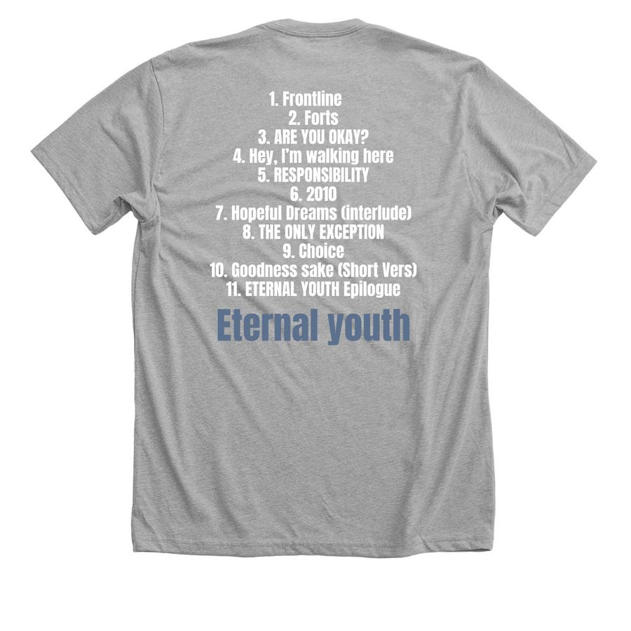Eternal youth tracklist merch lineup, a Athletic Heather Premium Unisex Tee (back-view)