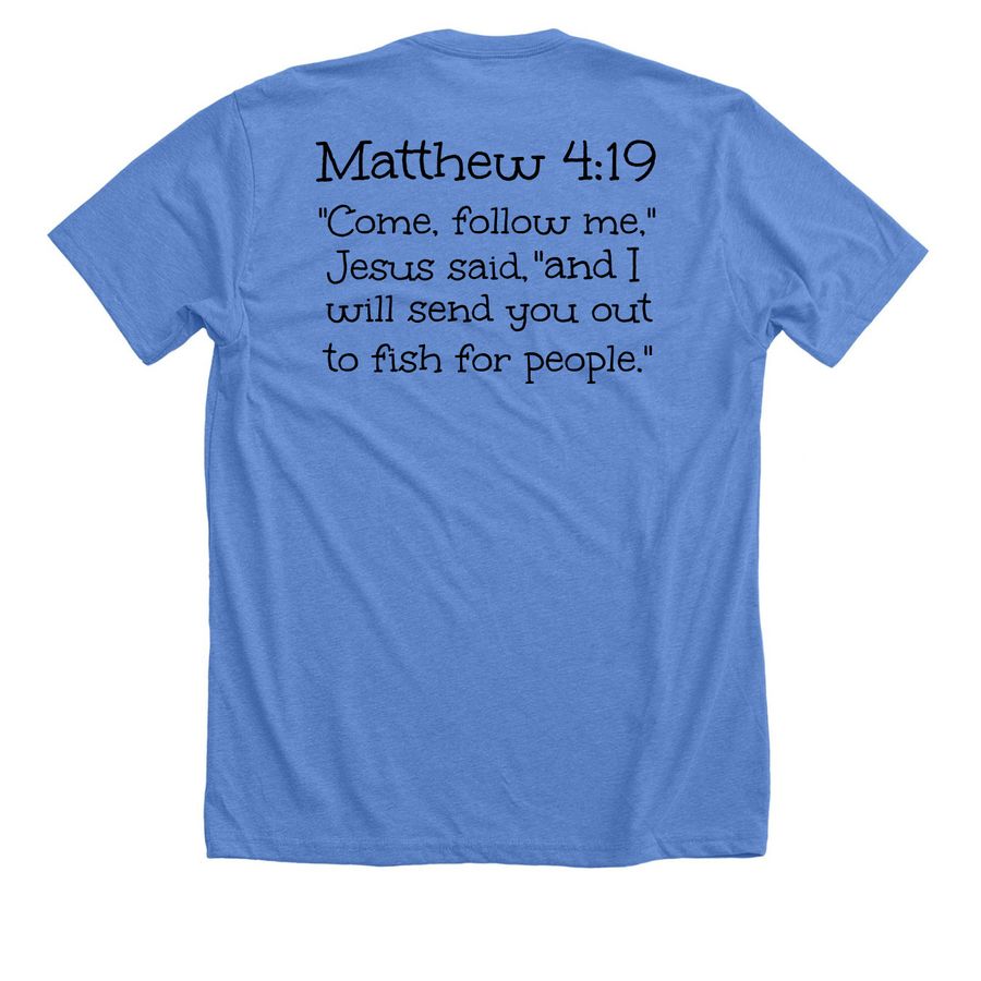 Boyer's Naknek Mission Trip, a Heather Columbia Blue Premium Unisex Tee (back-view)