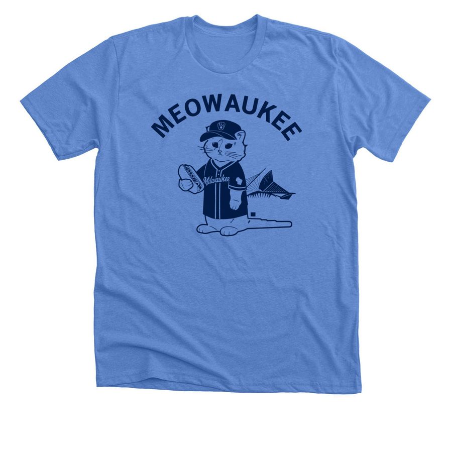Meowaukee Cat Milwaukee Brewers Baseball T-Sh, a Heather Columbia Blue Premium Unisex Tee