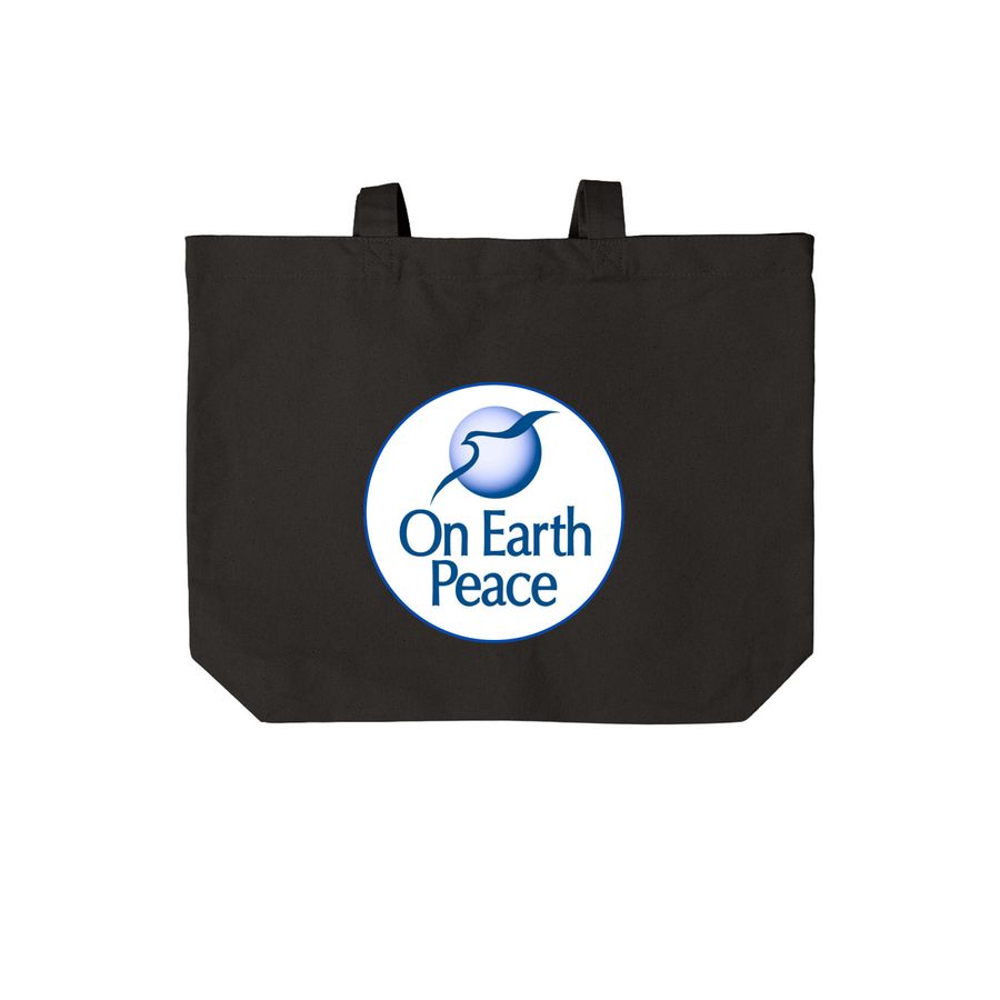 On Earth Peace Tote Bag, a Deep Black Cotton Canvas Tote Bag
