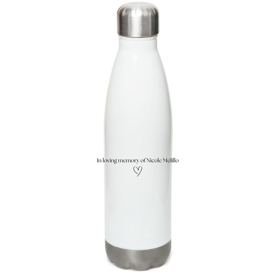 Nicole and Finn Water Bottle, a White Stainless Steel Water Bottle (back-view)