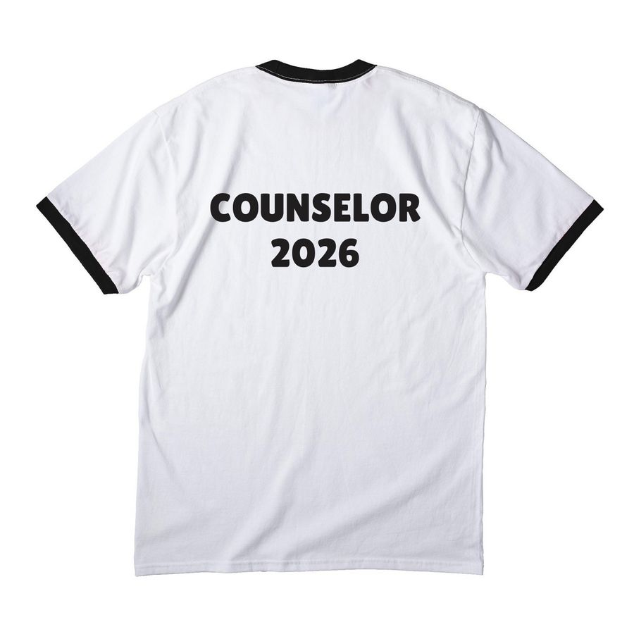 Camp Pride Counselors 2026, a White/ Jet Black Cotton Ringer Tee (back-view)