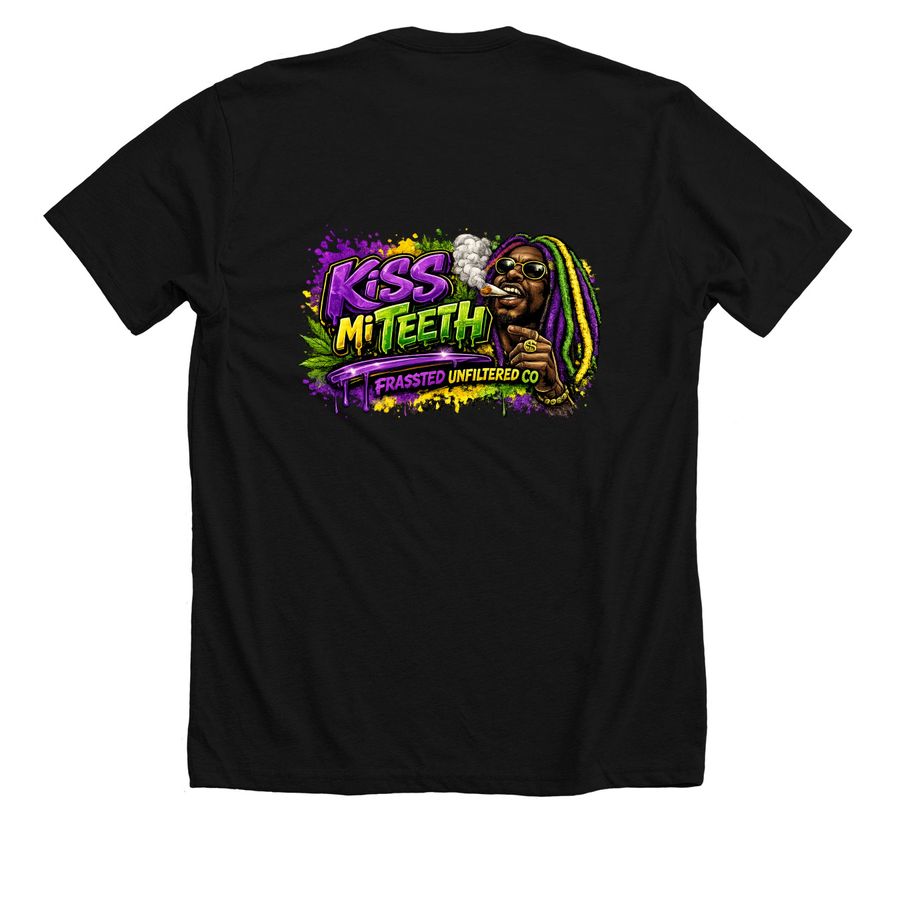 KISS MI TEETH, a Solid Black Blend Premium Unisex Tee (back-view)