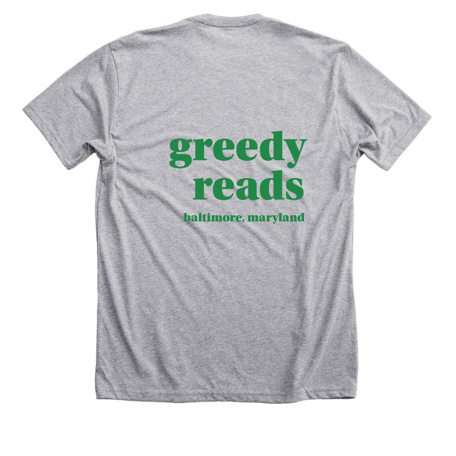 Greedy Reads Audie tee, a Athletic Heather Premium Unisex Tee (back-view)
