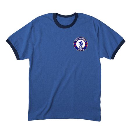 San Antonio Blues badge, a Heather Royal/ Navy Cotton Ringer Tee