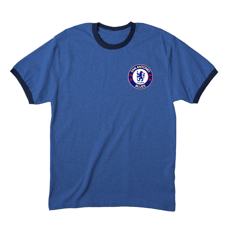 San Antonio Blues badge, a Heather Royal/ Navy Cotton Ringer Tee