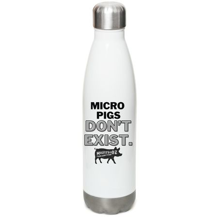 Micro Pigs Don't Exist Water Bottle, a White Stainless Steel Water Bottle (back-view)