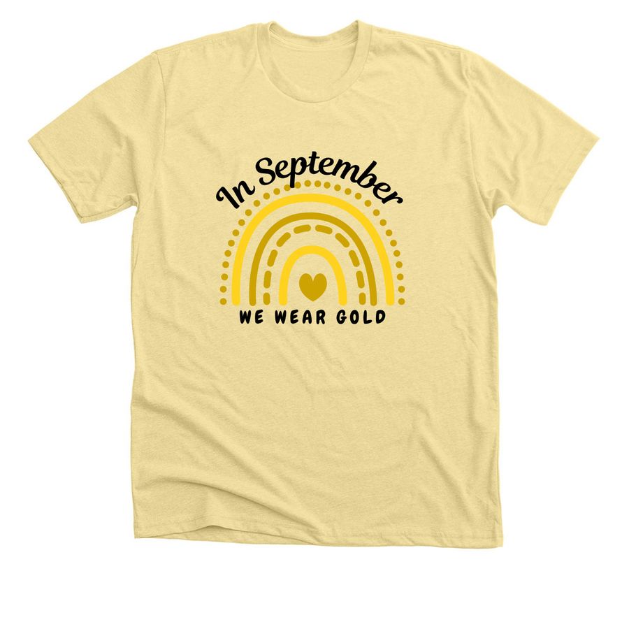 IN SEPTEMBER WE WEAR GOLD, a Heather French Vanilla Premium Unisex Tee