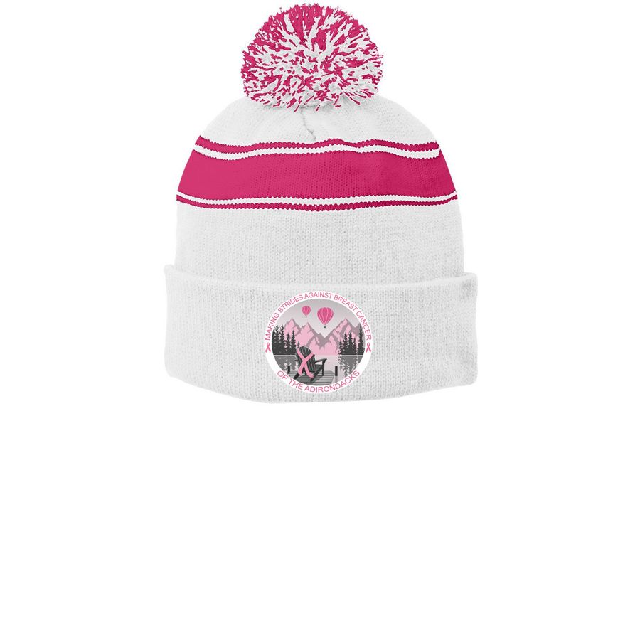 ADK 2026 Hats, a White/ Pink Raspberry Printed Stripe Pom-Pom Beanie