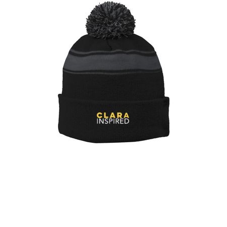 Beanies from Clara Inspired, a Black/ Iron Grey Printed Stripe Pom-Pom Beanie