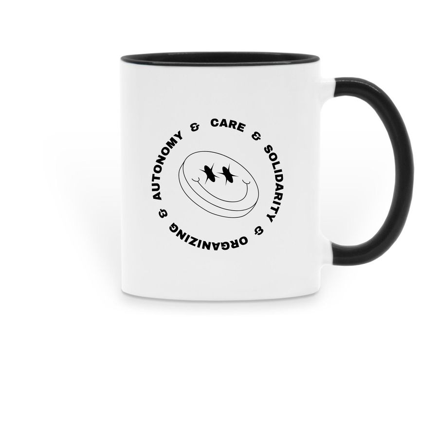 Autonomy & Care & Solidarity & Organizing, a Black Two-Tone Ceramic Mug