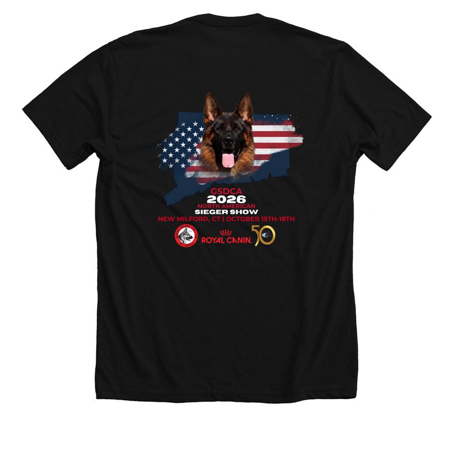 2026 GSDCA SIEGER SHOW, a Solid Black Blend Premium Unisex Tee (back-view)