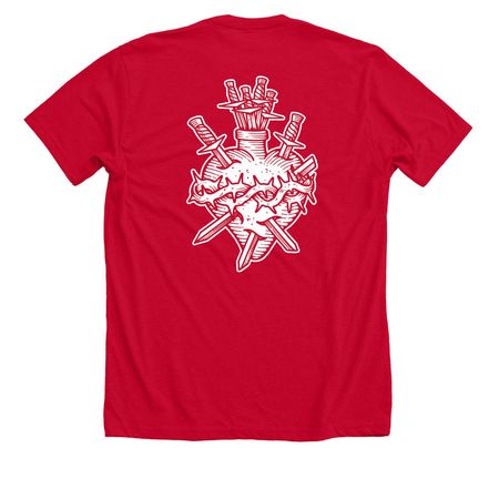MY NAME IS: SACRED, a Solid Red Blend Premium Unisex Tee (back-view)