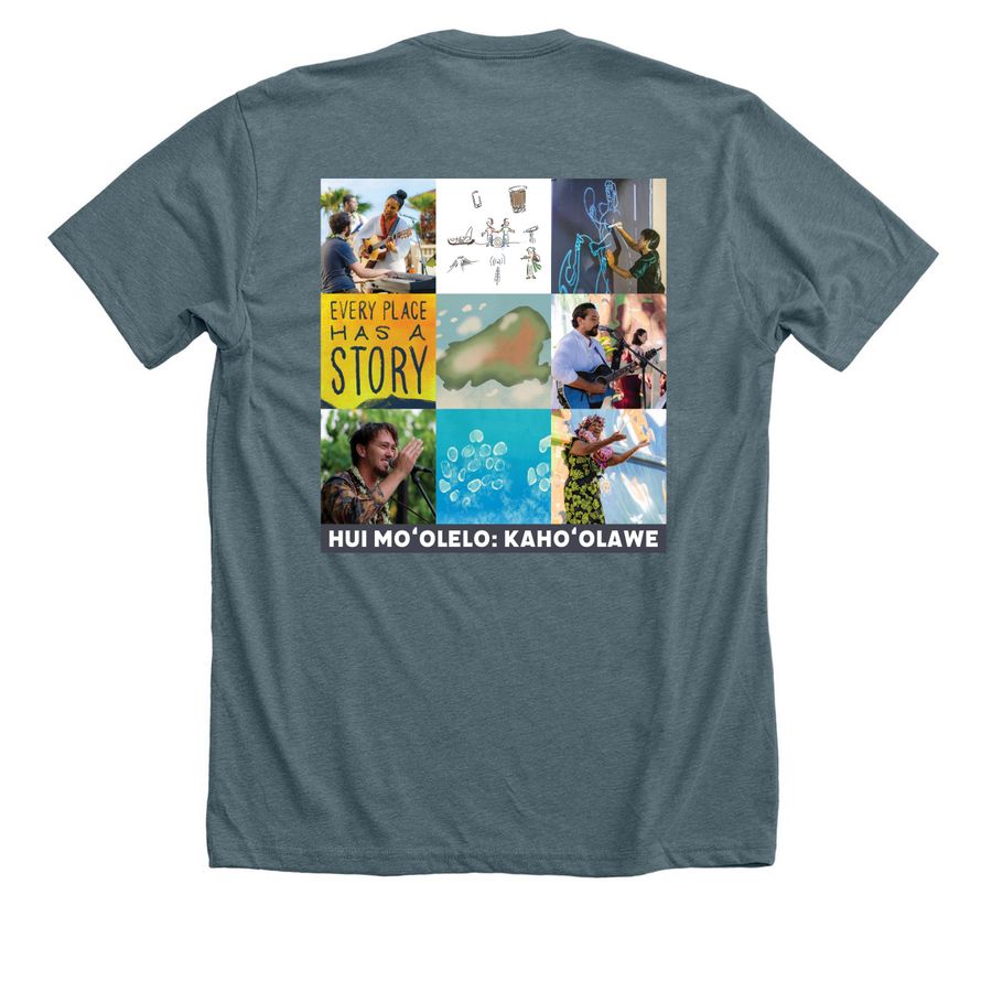 Hui Mo?olelo: Kaho?olawe, a Heather Slate Premium Unisex Tee (back-view)