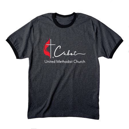 CUMC White/Red Logo Shirts, a Dark Heather Grey/ Jet Black Cotton Ringer Tee