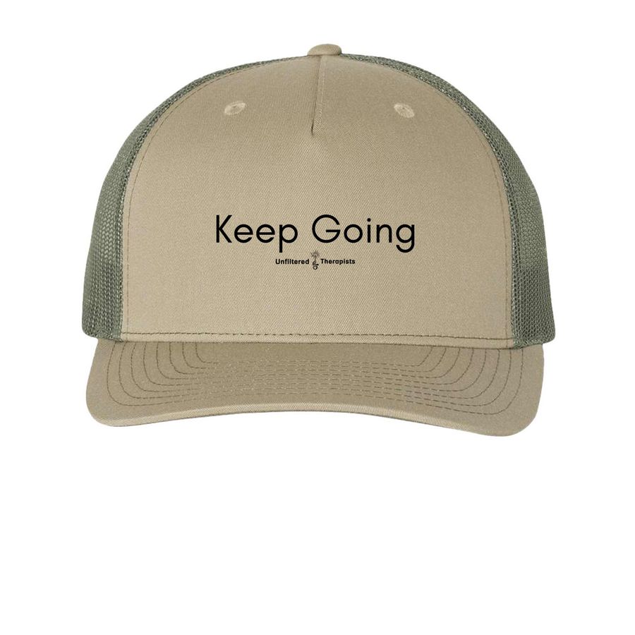 Keep Going Hat&nbsp;, a Pale Khaki/ Loden Green Printed Five-Panel Trucker Cap