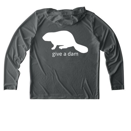 Volunteer - Give a Dam, a Dark Smoke Grey UV Performance Long Sleeve Hoodie (back-view)