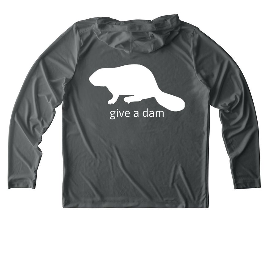 Volunteer - Give a Dam, a Dark Smoke Grey UV Performance Long Sleeve Hoodie (back-view)