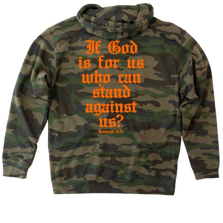 God is For Us, a Forest Camo Heavyweight Camo Pullover Hoodie (back-view)