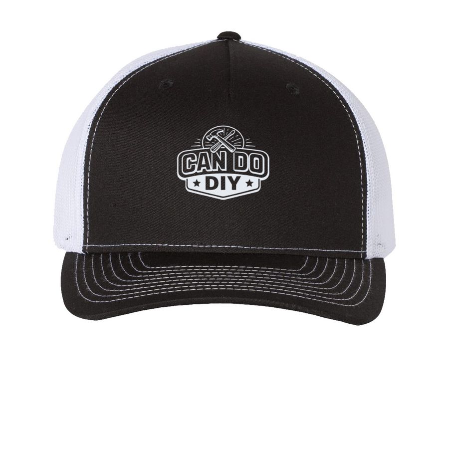CAN DO DIY TRUCKER HAT, a Black/ White Printed Five-Panel Trucker Cap