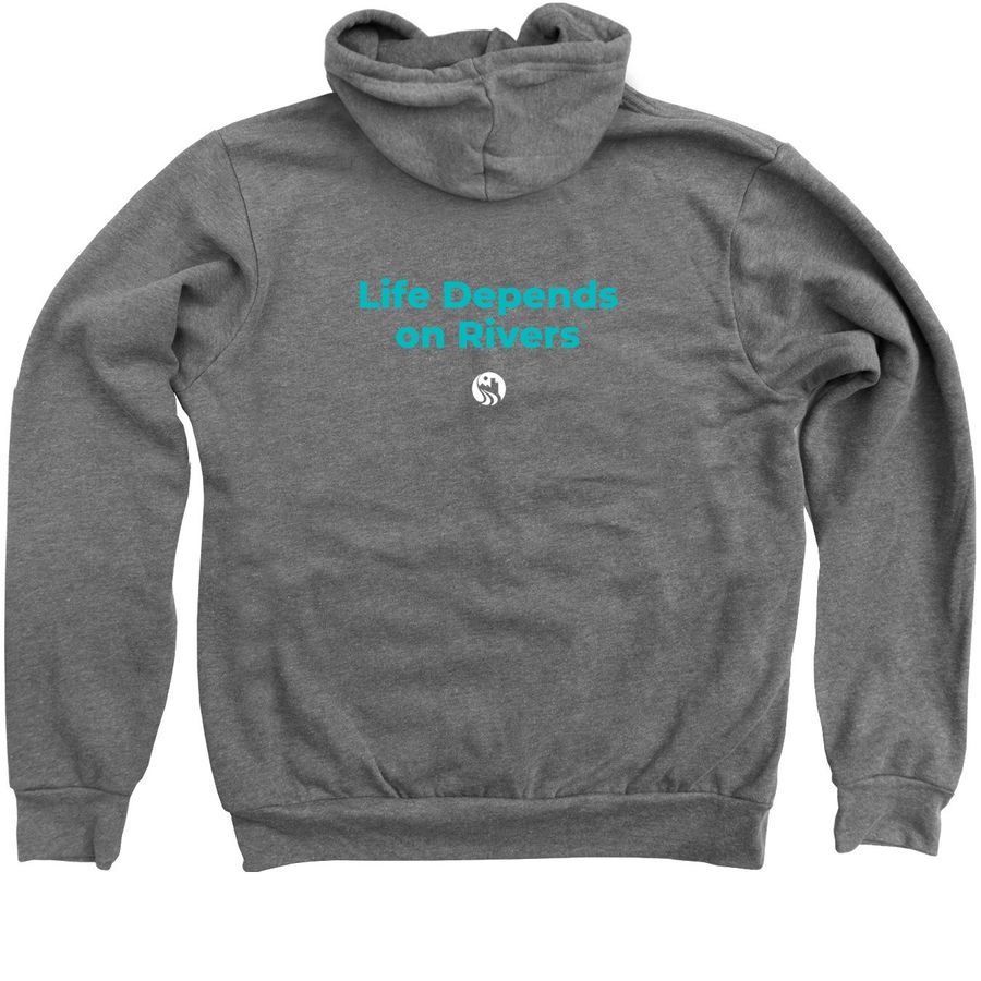 American Rivers Drip Hoodie, a Deep Heather Zip Up Hoodie (back-view)