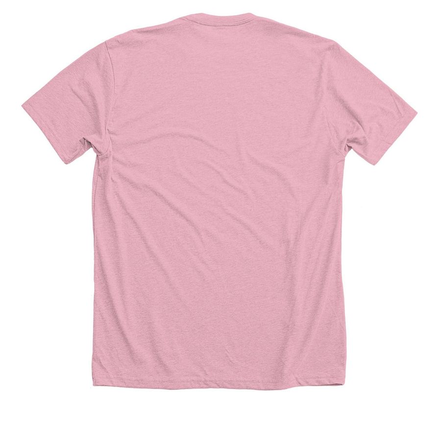 KBOO's 2025 Pride Merch, a Heather Pink Premium Unisex Tee (back-view)