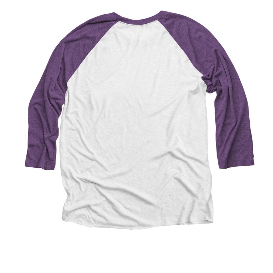 DDC Logo (Black), a Purple Rush and Heather White 3/4 Sleeve Baseball Tee (back-view)
