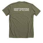 Get in loser, we?re going trapping!, a Heather Olive Premium Unisex Tee (back-view)