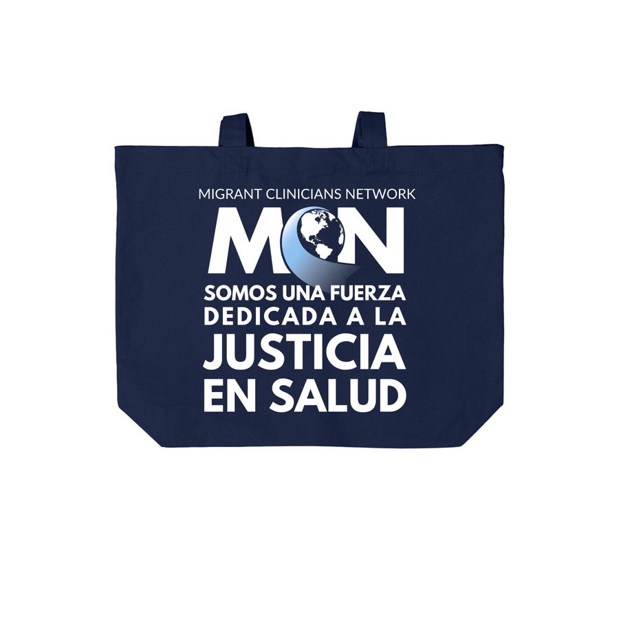 MCN: Health Justice Bilingual Two-Sided Tote, a River Blue Navy Cotton Canvas Tote Bag