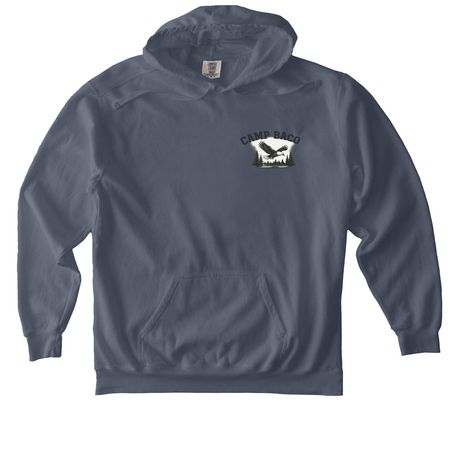75 Summers of Camp Baco, a Denim Comfort Colors Pullover Hoodie