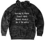 218 Hating Is Free, a Black Camo Heavyweight Camo Pullover Hoodie (back-view)