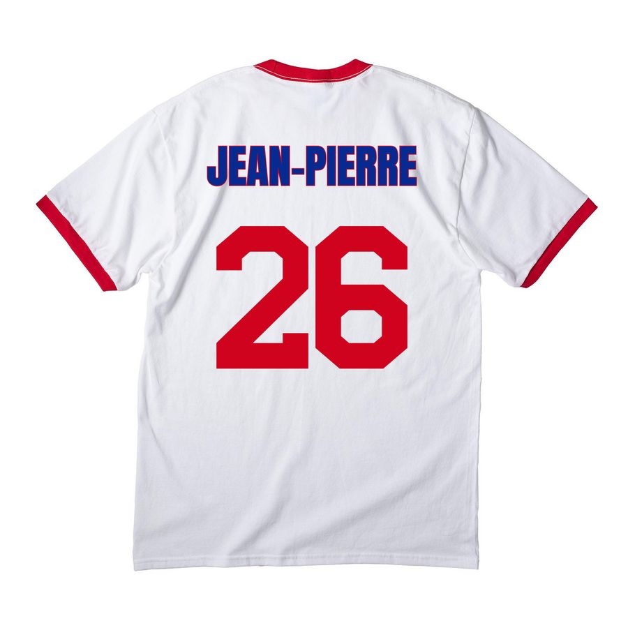 Jean-Pierre, a White/ Red Cotton Ringer Tee (back-view)