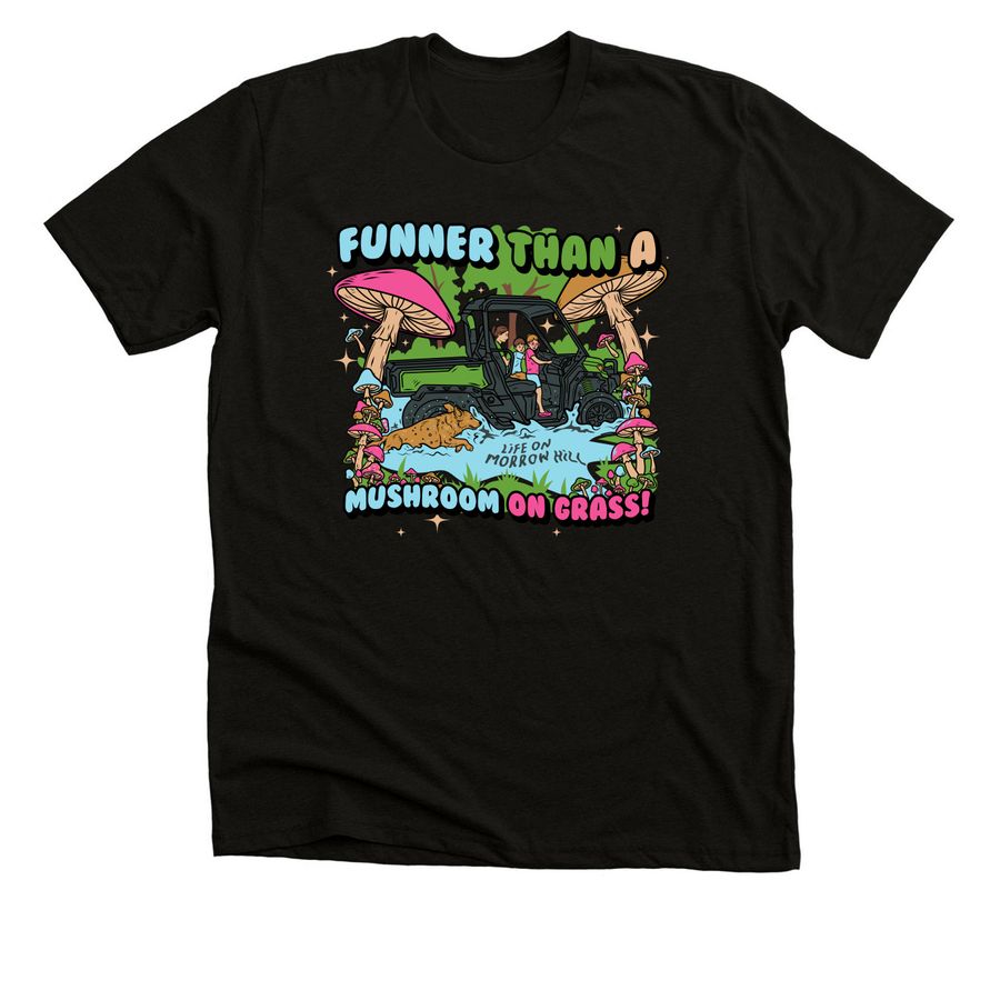 Funner Than a Mushroom, a Black Heather Premium Unisex Tee