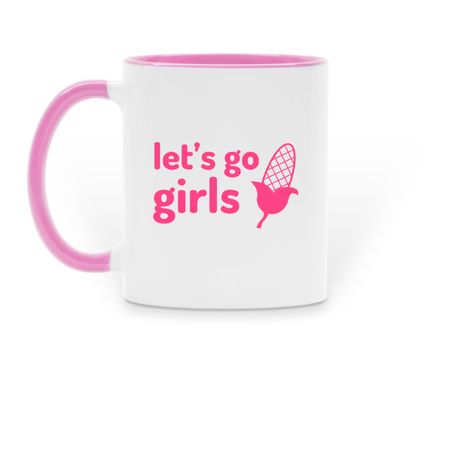High Fructose Corn Sweat Let's Go Girls Mug, a Pink Two-Tone Ceramic Mug (back-view)