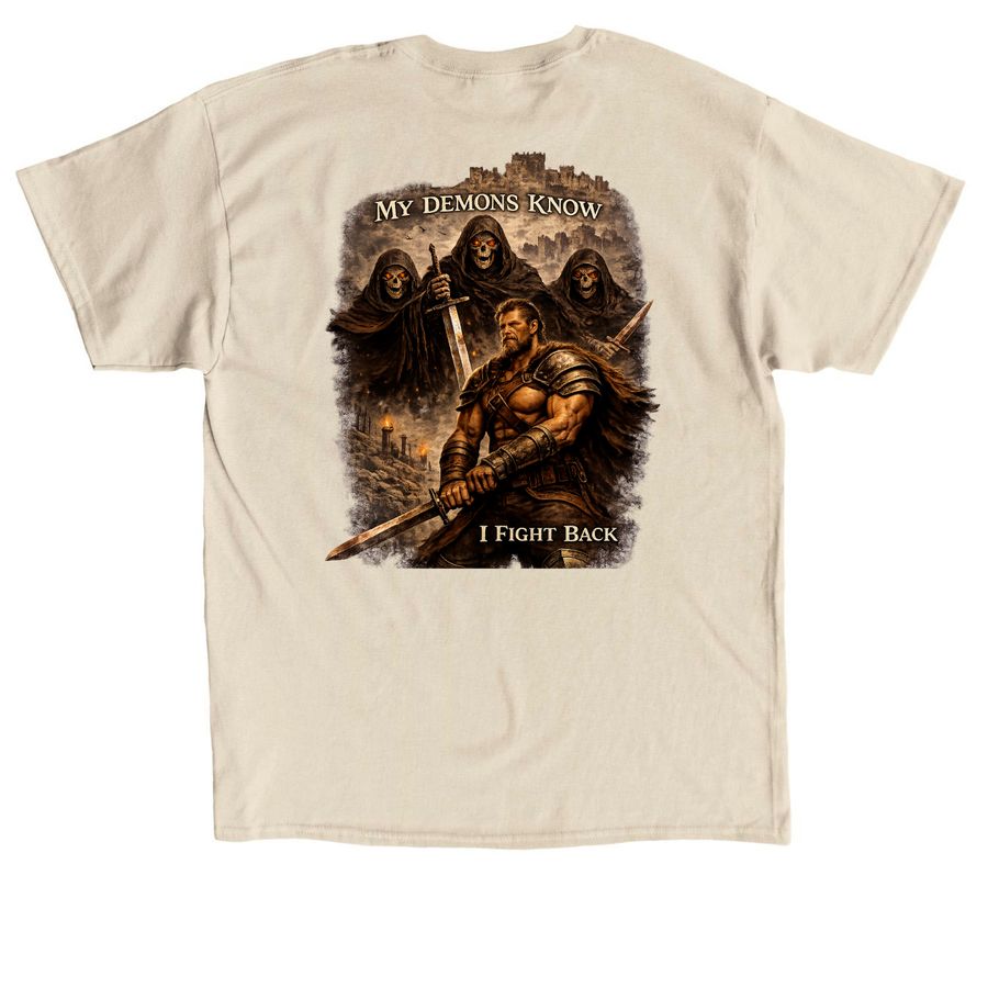 My Demons Know I Fight Back, a Sand Classic Unisex Tee (back-view)