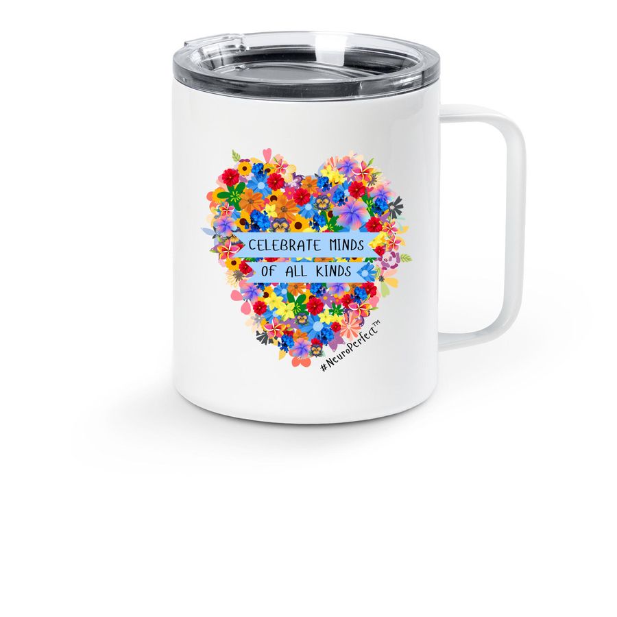 Celebrate Minds Travel Mug, a White Stainless Steel Travel Mug