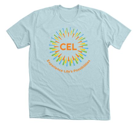 Colorful CEL Logo on White/Light Shirts, a Heather Ice Blue Premium Unisex Tee