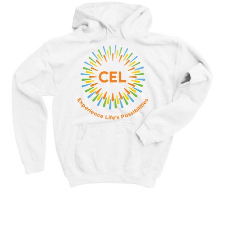 Colorful CEL Logo on White/Light Shirts, a White Youth Pullover Hoodie