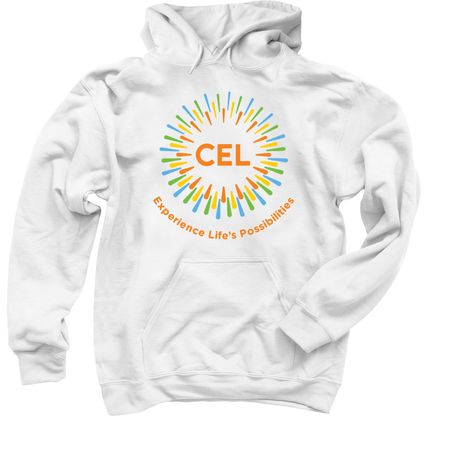 Colorful CEL Logo on White/Light Shirts, a White Pullover Hoodie