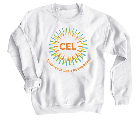 Colorful CEL Logo on White/Light Shirts, a White Crewneck Sweatshirt
