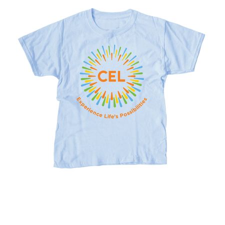Colorful CEL Logo on White/Light Shirts, a Light Blue Youth Unisex Tee