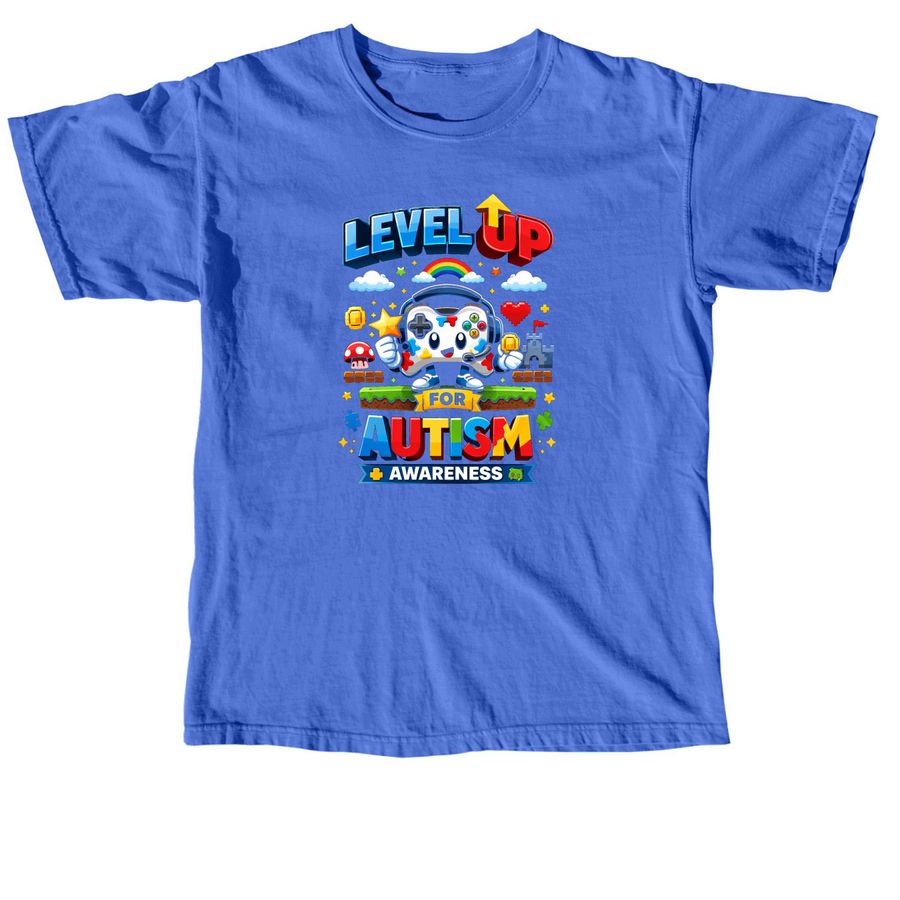 Level Up For Autism, a Flo Blue Comfort Colors Unisex Tee