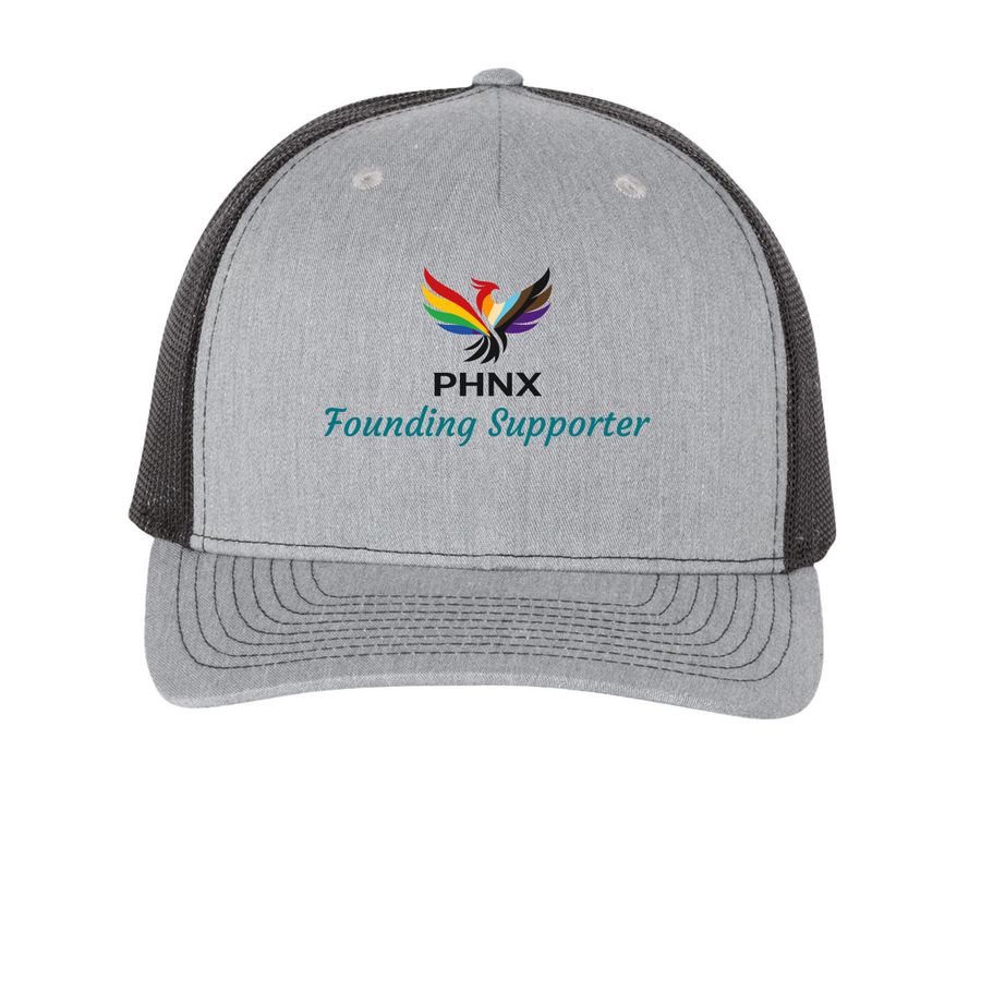 Founding Supporter Trucker Hat, a Heather Grey/ Black Printed Five-Panel Trucker Cap