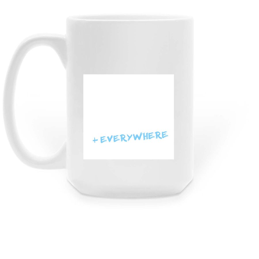 Mug with blue +Everywhere on the back, a White Large Coffee Mug (back-view)
