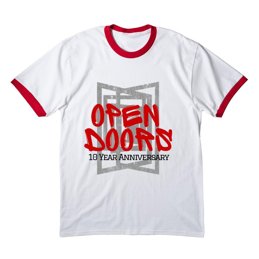 10 Year Anniversary Tee, a White/ Red Cotton Ringer Tee