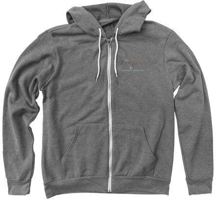 The Woodlands Foundation Logo, a Deep Heather Zip Up Hoodie
