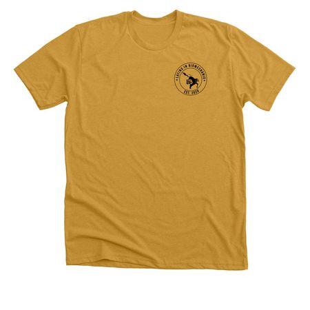 Black Logo, a Heather Mustard Premium Unisex Tee (back-view)